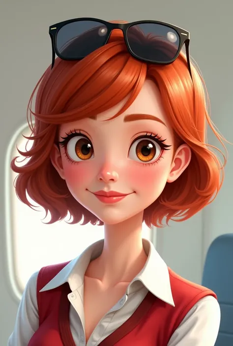 Redheaded woman with bangs and short hair around her neck smiling white skin and brown eyes with sunglasses on her face as an animated flight attendant
