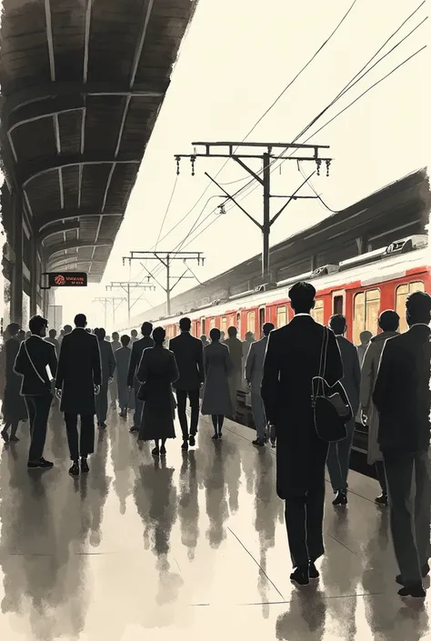 Busy Train Station, crowd, Sumi-e painting style, traditional Japanese ink wash painting, emphasizes simplicity and elegance, expressive brushwork, captures the essence of the subject with minimal strokes, meditative and reflective