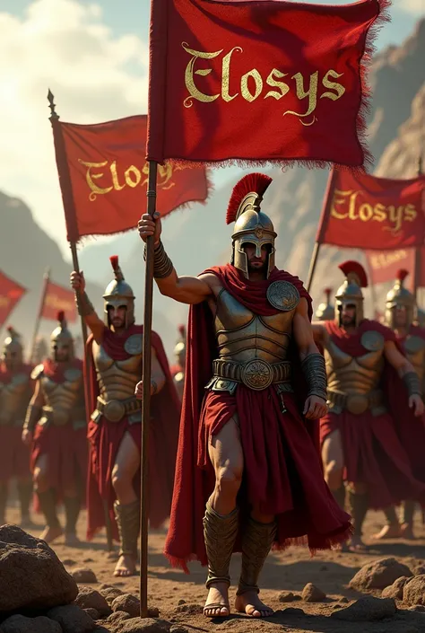 ELOSYS text written flags holding by Spartans 