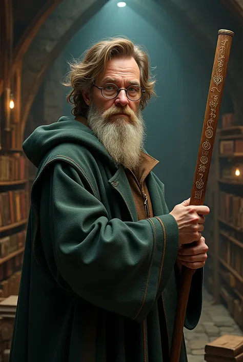 Middle Ages, wizard,  brown hair clenched,  green eyes,  holding a wooden magic wand, Wear glasses