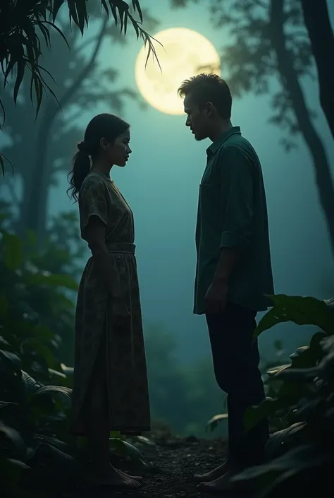 As the light fades away, Arin stands before her, she is in traditional batik clothing, his figure bathed in the soft moonlight, yet his silence fills the air with a heavy mystery. The jungle around them is eerily still, waiting for a moment of truth to unf...