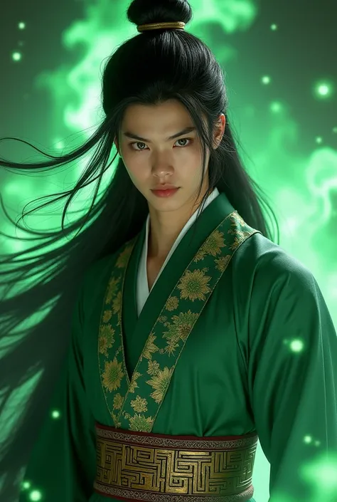 ((best quality)), ((masterpiece)), (detailed), perfect face Photo realistic image of a 21 years old young man in a high quality green and gold hanfu. Green ghost Qi Rong from Heaven Official’s Blessing. Cruel and crazy attitude. Long, wild black hair. Gree...