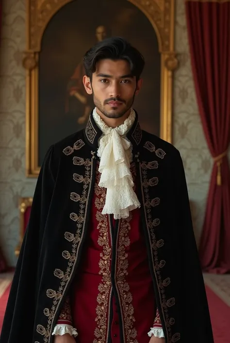  Arafah wears a black and red costume and stands in a room,  Amira Jamil is a shemale ,  The Adorable Androgenic Prince, Royal costume Akira ,  aristocratic look ,  wearing fancy formal clothes with a closed chest , ,  wears a dramatic aristocratic dress ,...