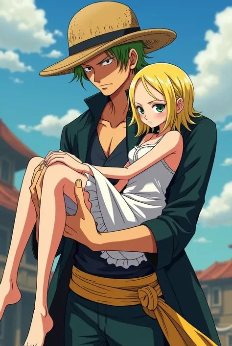  Zoro Roronoa from one piece and a blonde girl with green eyes , Thin pale ,  similar to a porcelain doll in the dollette clothing style, Zoro is carrying the girl in her arms in one piece anime style