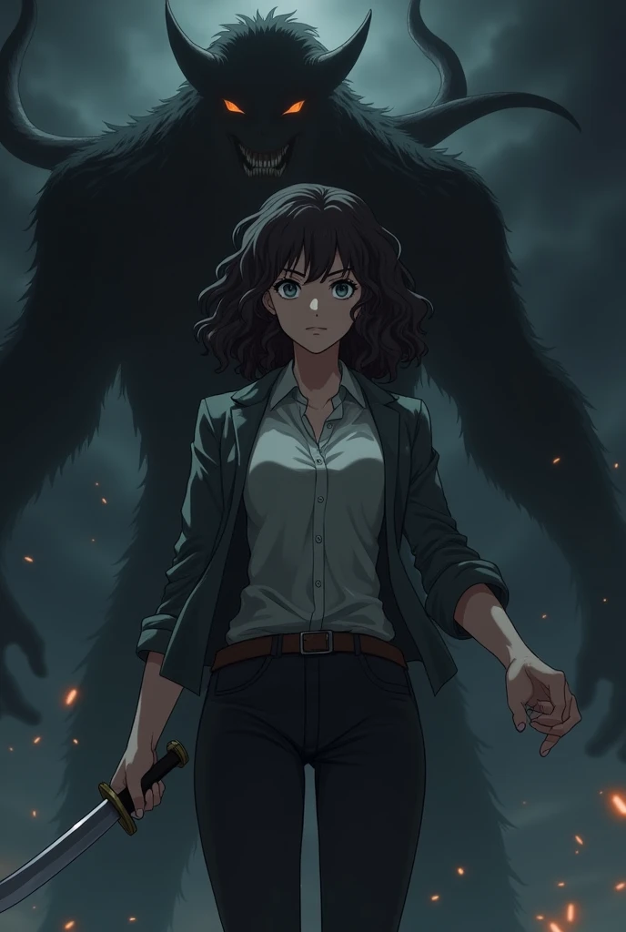  girl . adult.  Curly brunette with a hvgstick.  grey eyes . cold eyes.  Holds a knife in his hands . pants, shirt jacket .  Behind the monster her guard .  Anime manga style .