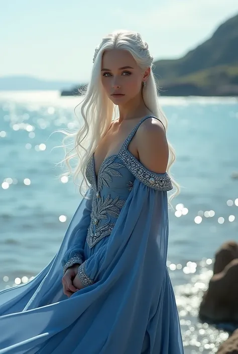 Fantasies, Princess Targaryen , EA by the sea ,  a girl with white hair, in a blue dress,  embroidered with silver threads of diamonds and pearls,  with open shoulders 