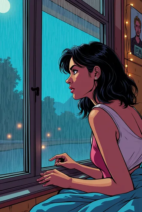 Create a comic image of an eighties teenager watching the rain fall from her bedroom window.