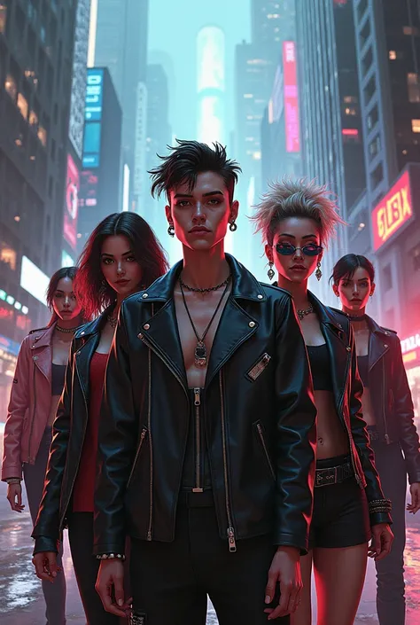 I need an image of a group of rebellious people who are artists and have a street style and who are against some fashionable villains in a futuristic city

Make them in favor of caring for animals, since villains make their clothes out of animal skins.

Gi...