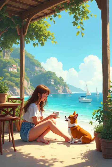 Seaside Cafe、Woman playing barefoot with corgi