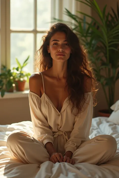 (photorealism:1.2), beautiful woman, sitting on bed, wearing loose off-shoulder top, pajama pants, long curly hair, indoors, soft lighting, plants in background, window with sunlight, cozy room, relaxed pose, realistic, intricate details, warm colors, by G...