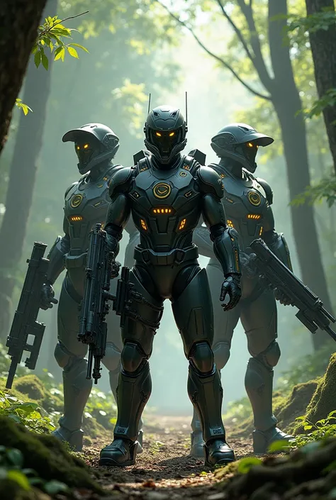 Create an image of 3 armed super soldiers in a forest