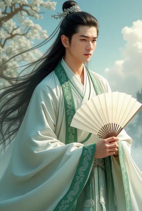 ((best quality)), ((masterpiece)), (detailed), perfect face. Hyper realistic potrait picture of a 21 years old young man in a high quality slik, flowing white and green hanfu with intricate patterns. Silver hair piece. Wealthy, His long black hair lustrous...