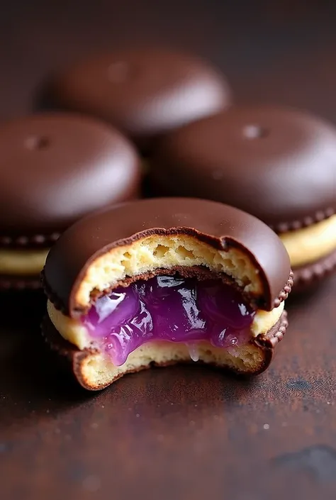 Round Alfajores ,  covered with lots of chocolate ,  filled with violet grape jam