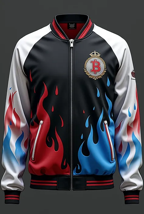 Sport jacket in black with degraded fire, white, red and light blue, and on the chest a B with a crown, also the sleeves are white with the fire degraded white, red and sky blue and the cuffs with stripes (white, red and sky blue). 