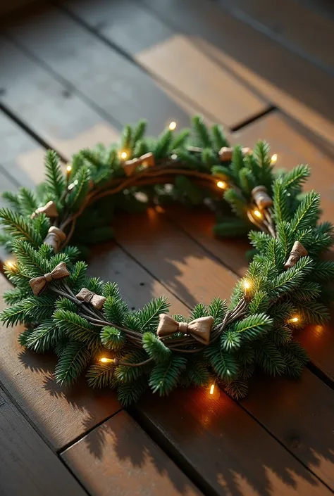 Event crown ,  it is a circle of pine leaves with an empty center,  she is adorned with bows and little lights the crown is on the wooden floor, We see her from a front perspective .