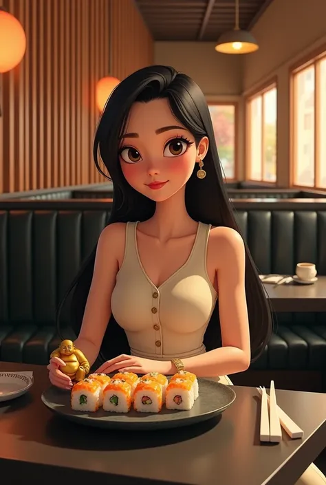 Woman 30 years, long straight black hair, wearing creme short sleeveless buttoned v vest and creme long loose trousers with white sneakers. At Sushi restaurant with wood slat paneling in walls, black rectangular tables, sitting on black leather upholstered...