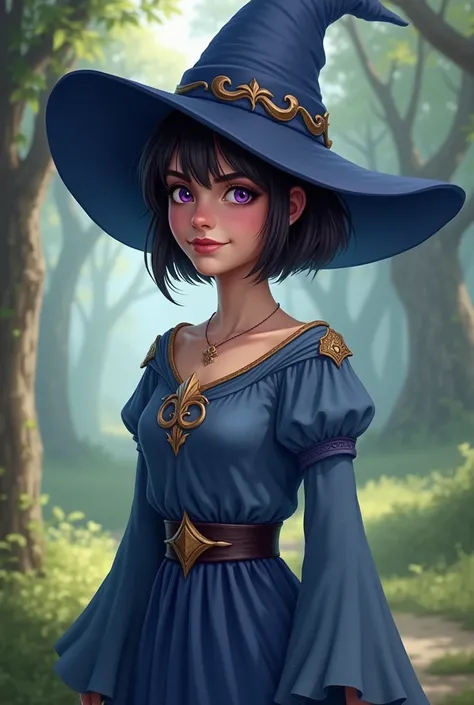 Middle Ages, female wizard, Short hair with bangs, Purple eyes, A gentle smile, blue dress and hat , The appearance of people in their 20s, nice body