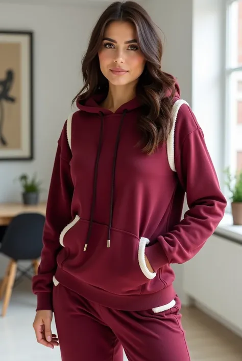 "Create a realistic photo of a confident woman wearing a burgundy tracksuit identical to the one shown in the reference image. The outfit includes a hoodie, a matching sweatshirt, pants, and a sleeveless vest. The vest must be made from the same fabric as ...