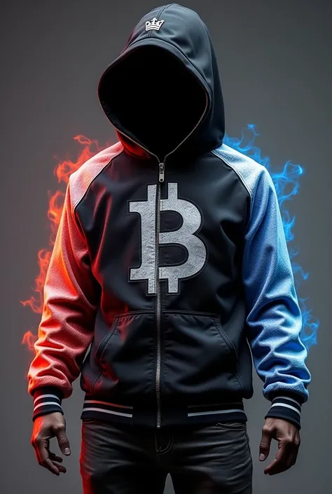 Sport jacket in black with degraded fire, white, red and light blue, with a hood and a B on the chest with a crown, also the white sleeves with the red and sky blue gradient fire and the cuffs with stripes, white, red and sky blue. 