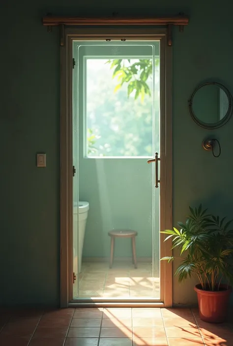 Front Plastic door of a simple Indonesian bathroom, very realistic, finest detail, very natural, cinematic