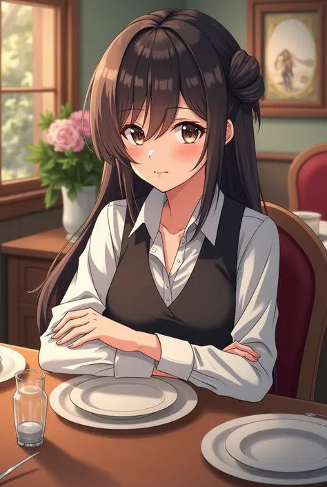 A anime girl sit on a dinning table with a smile 
dont make her to cute