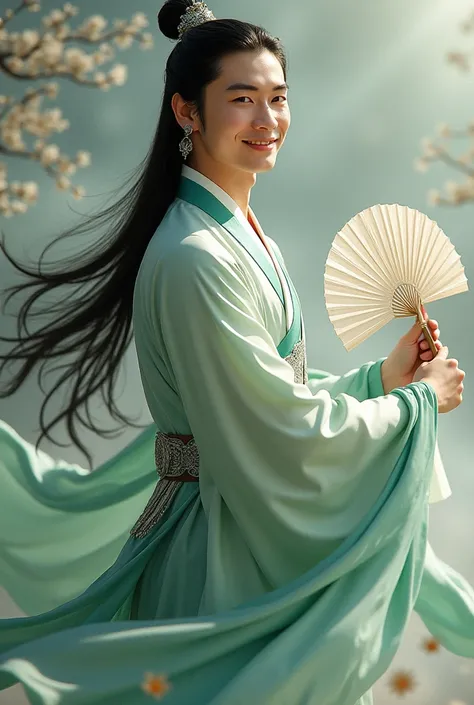 Hyper realistic ((best quality)), ((masterpiece)), (detailed), perfect face Photo realistic image of a 21 years old young man in flowing silk green and white hanfu, friendly attitude, long black hair. Fan in hand. Silver jewellery. Looks like Shi Qingxuan ...