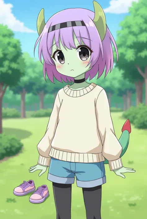 Gender:  Alien girl
skin color  :  pastel green 
Face :  Delicate and adorable  .  With a pair of green antennas
hair  :  Short purple and magenta hair 
eyes  :  Black with two gray stripes in the center 
Corps: little,  barely marked curves and a green ta...