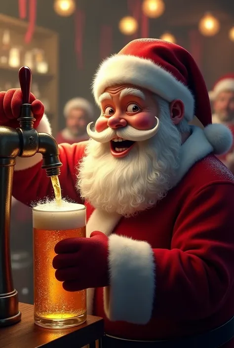 hyper realistic image, Of chubby Santa Claus filling a beer mug in the black beer rack, happy,  blurry party background 