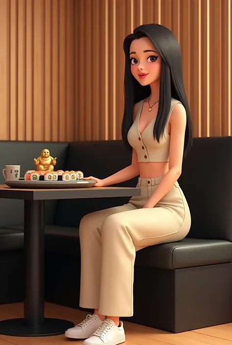 Woman 30 years, long straight black hair, wearing creme short sleeveless buttoned v vest and creme long loose trousers with white sneakers. At Sushi restaurant with wood slat paneling in walls, black rectangular tables, sitting on black leather upholstered...