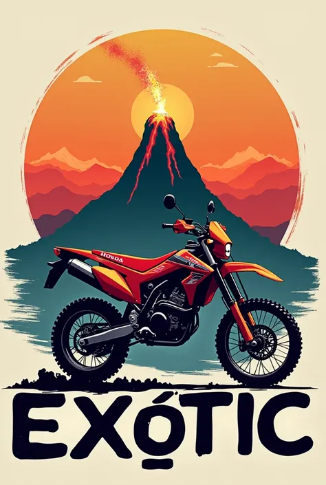  A logo with the name Moto Exótic , that in the background there is a motorcycle and a volcano ,  that the motorcycle in the background is a Honda CRF250F 