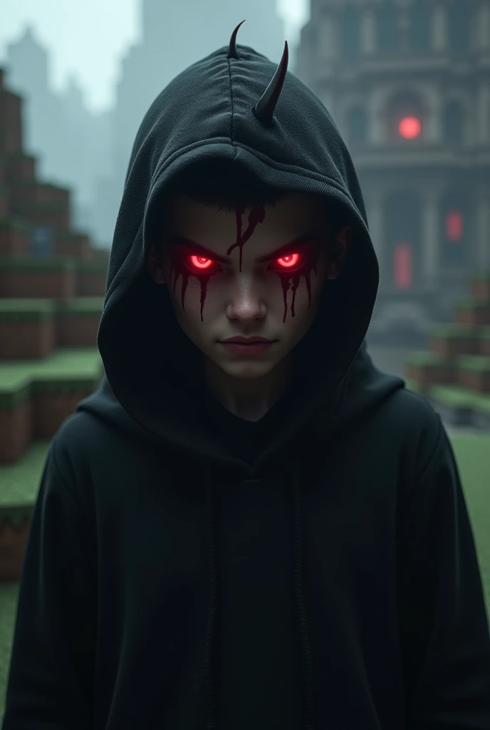 black hoodie without cap minecraft male character with redish wist red eyes with tiny red horn with minecraft background 