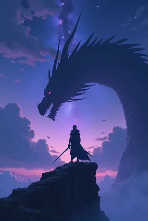 A dark fantasy, anime style setting, bluish and purple colors compose a dreamy, gloomy anime artstyle. A warrior in medieval armor, holding a sword stands on top of a mountain facing a gigantic dragon in the distance, we see the warrior from his back and b...