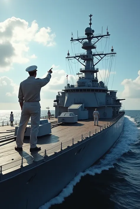 A LARGE SHIP WITH ONLY 5 CREW MEMBERS.  A CREW MEMBER IN THE FRONT POINTING (STRETCHING HIS ARM FORWARD )  forward , ANOTHER CREW MEMBER AT THE TOP OF THE SHIPS MAST WATCHING THE HORIZON WITH VINOCULARS,  ANOTHER IN THE MIDDLE OF THE SHIP REVIEWING A PLAN ...