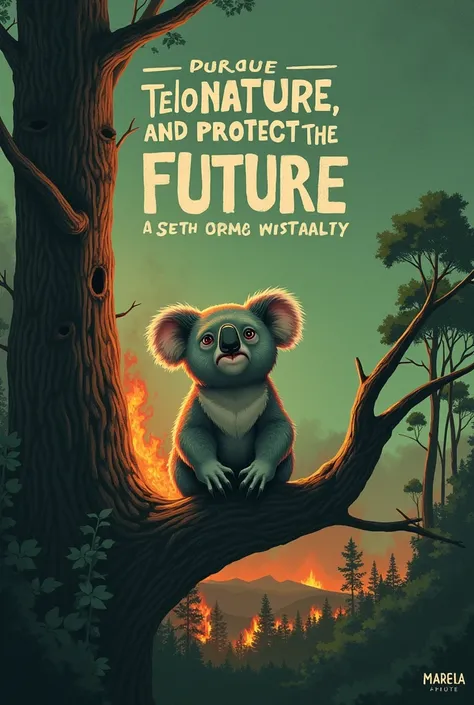 	•	Background: A green, forested background with a tree in one corner affected by fire.
	•	Illustration: A koala sitting on a tree branch, its eyes reflecting a mix of fear and hope. Around it, parts of the forest are burning, with smoke rising from the fl...