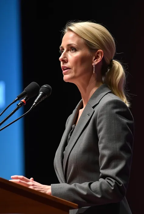 Photo of a blonde woman with her hair tied up in a low hairstyle talking on the microphone with a gray suit on