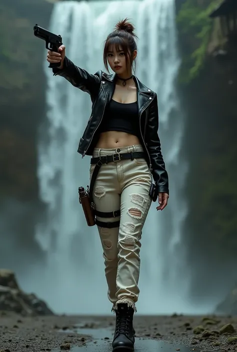 Photorealistic、Full live-action version、a korean women,brown messy bun  hair、Well-proportioned face、Big eyes and a high nose、Tall girl、Long legs、Hard boots、Wearing a black leather jacket、black tang top、Tight heavily soiled white denim pants、Beautiful round...