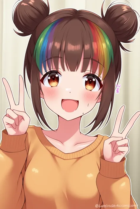 Teenage girl in fashion model show, posing for a picture, two buns in brown hair with rainbow strands bangs, full-teeth smile, peace sign ✌️, light orange sweater, anime, High Resolution, Bangs, Brown Hair