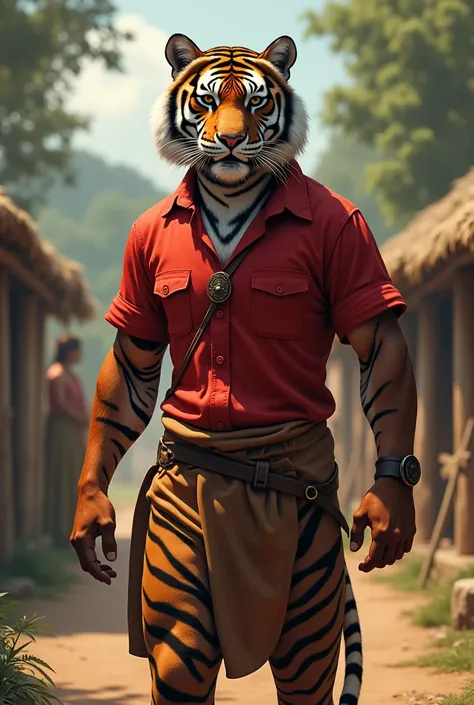 Bageera ek human ki tarah dikhne wala tiger hai aur uski shirt red color ki hai And background ak village h