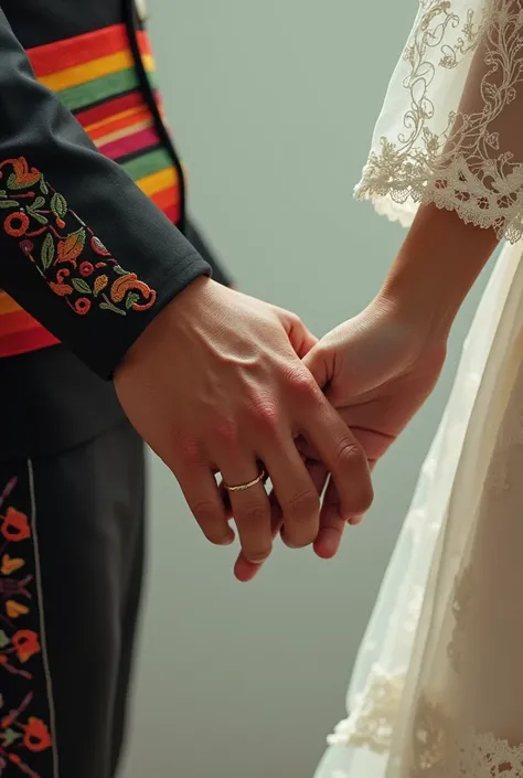 image of a hand of a man in a mariachi suit and the hand of a woman with laces trying to touch each others hands