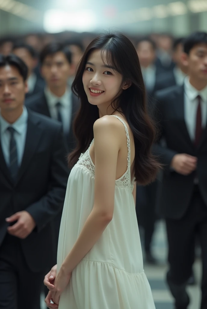 (RAW photo, realistic photo, high quality, masterpiece), ((100 men are rushing into train station, a woman in the sea of men)), A young Japanese woman with smooth, porcelain skin and long, silky black hair cascading down her back. She has delicate, almond-...