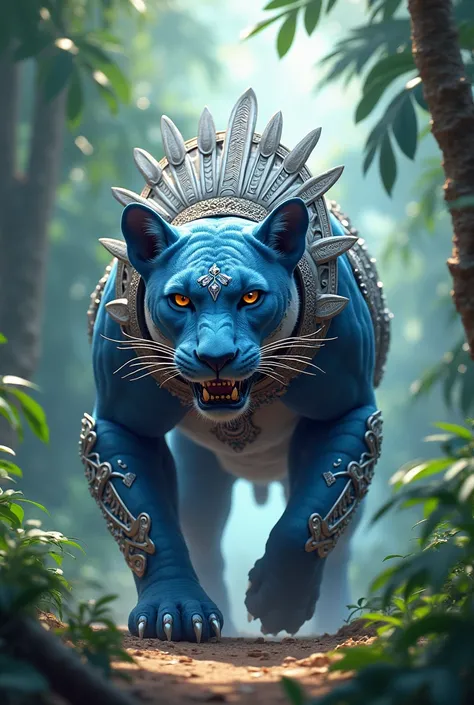 Blue quadruped jaguar animal , with custom-made quadruped anime silver indigenous tribal armor