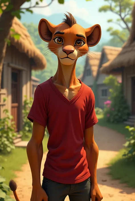 Bageera ek human ki tarah dikhne wala little lion hai aur uski shirt red color ki hai And background ak village h