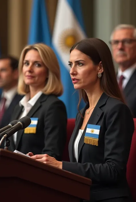  a woman with brown hair and a low hairstyle speaking on the microphone with a blonde woman sitting next to them, both wearing formal attire and the Argentinian presidents band 