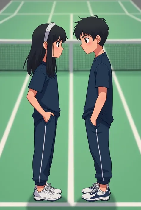 A young girl , a young man, tennis court ,  tennis partners , 2D , They gave it shoulder to shoulder,  navy blue tops,  let the girl wear sweatpants not skirts,  Black hair , more human-like , They look at each other in the distance, 