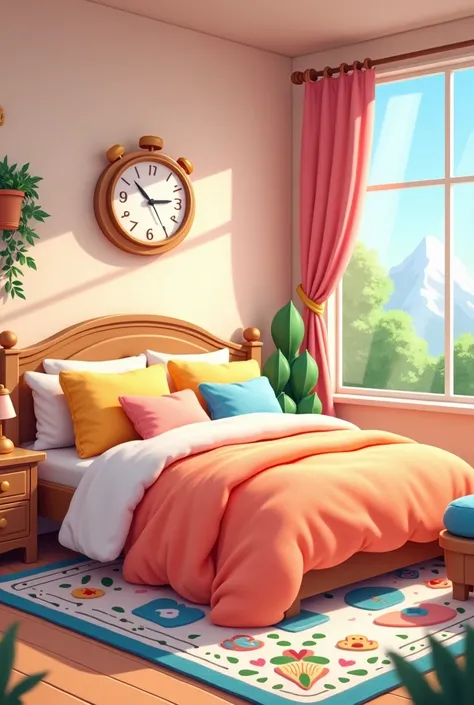 "An illustration of a cartoon-style bedroom, with a large comfy bed covered in colorful bedding and fluffy pillows. The walls are painted in soft pastel colors, and a cute nightstand with a small lamp sits next to the bed. A large window reveals a scenic o...