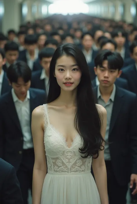 (RAW photo, realistic photo, high quality, masterpiece), ((100 men are rushing into train station, a woman in the sea of men, 100 men stack on a woman)), A young Japanese woman with smooth, porcelain skin and long, silky black hair cascading down her back....