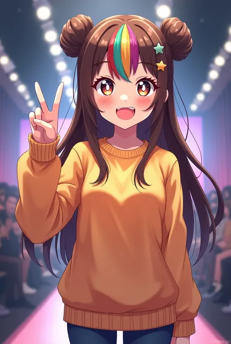 Teenage girl in fashion model show, posing for a picture, two buns in brown hair with rainbow strands bangs, full-teeth smile, peace sign ✌️, light orange sweater, anime, High Resolution, Bangs, Brown Hair, cool eyes with star pupils