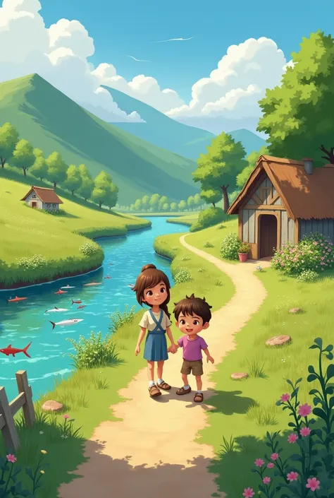 A girl and a boy were walking along the road. There was a river full of fish. On one side was a hill and on the other side was a hut and some trees.