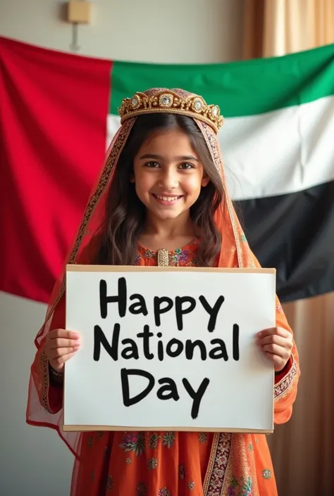 Girl wearing UAE Flag holding paper written Happy National Day from Anohi Textiles