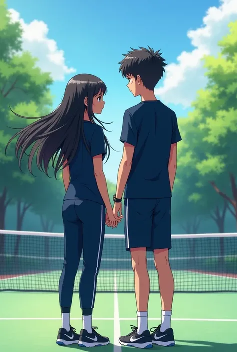 A young girl , a young man, tennis court ,  tennis partners , They gave it shoulder to shoulder,  navy blue tops,  let the girl wear sweatpants not skirts,  Black hair , more human-like , They look at each other in the distance, 